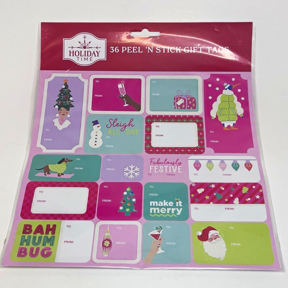 Holiday Time 36pk Peel 'N Stick Christmas Gift Tags Multicolor, pastel pink, pur